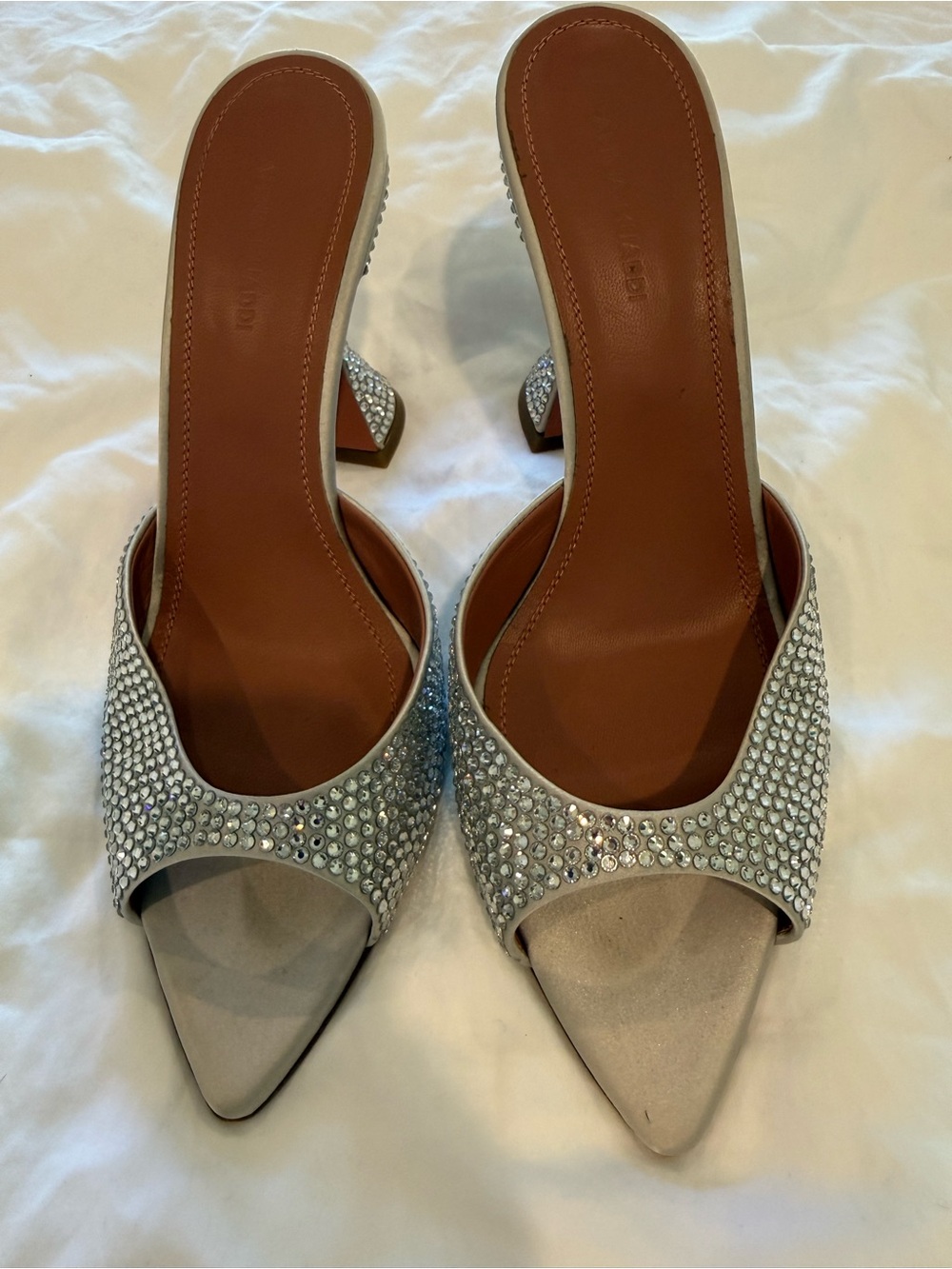 Amina Muaddi Silver Crystal-Embellished Pointed Toe Mules